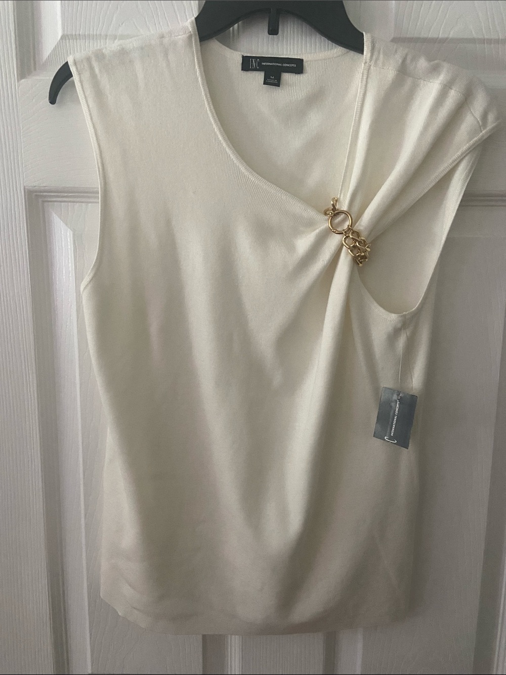 INC International Concepts Ivory Sleeveless Top with Gold Chain Accent